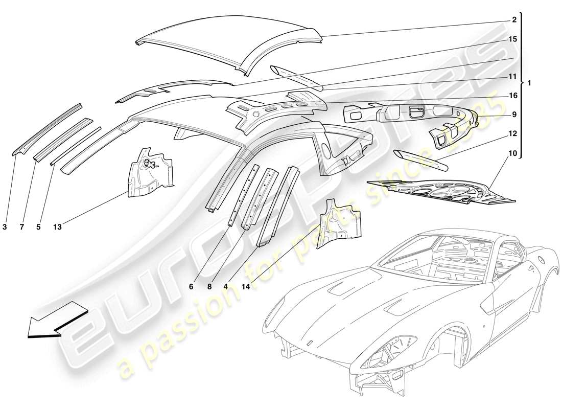 ferrari 599 gtb fiorano (rhd) bodyshell - roof parts diagram