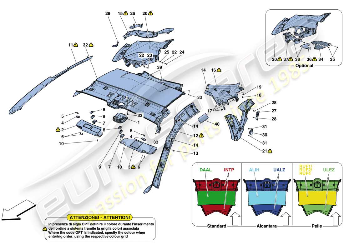 ferrari 812 superfast (rhd) headliner trim and accessories parts diagram