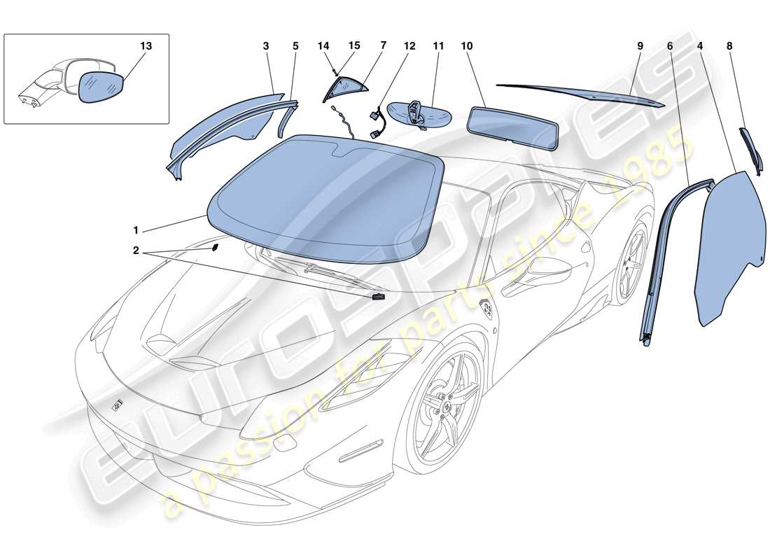 ferrari 458 speciale (usa) screens, windows and seals part diagram