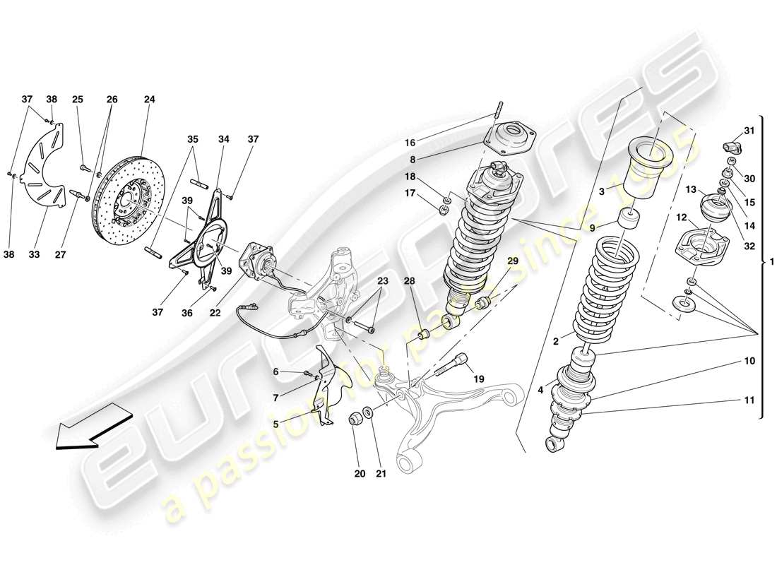 ferrari 599 gto (rhd) front suspension - shock absorber and brake disc parts diagram