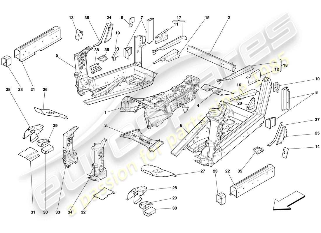 ferrari 599 gto (rhd) structures and elements, centre of vehicle parts diagram