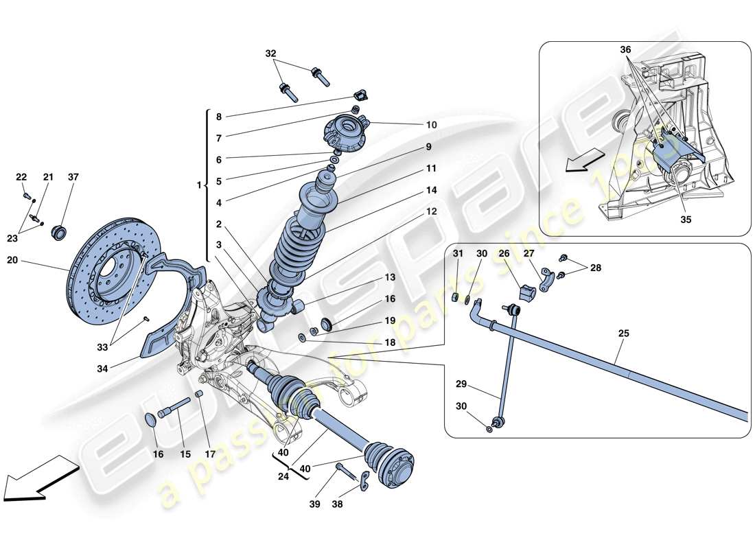 ferrari 458 spider (rhd) rear suspension - shock absorber and brake disc parts diagram