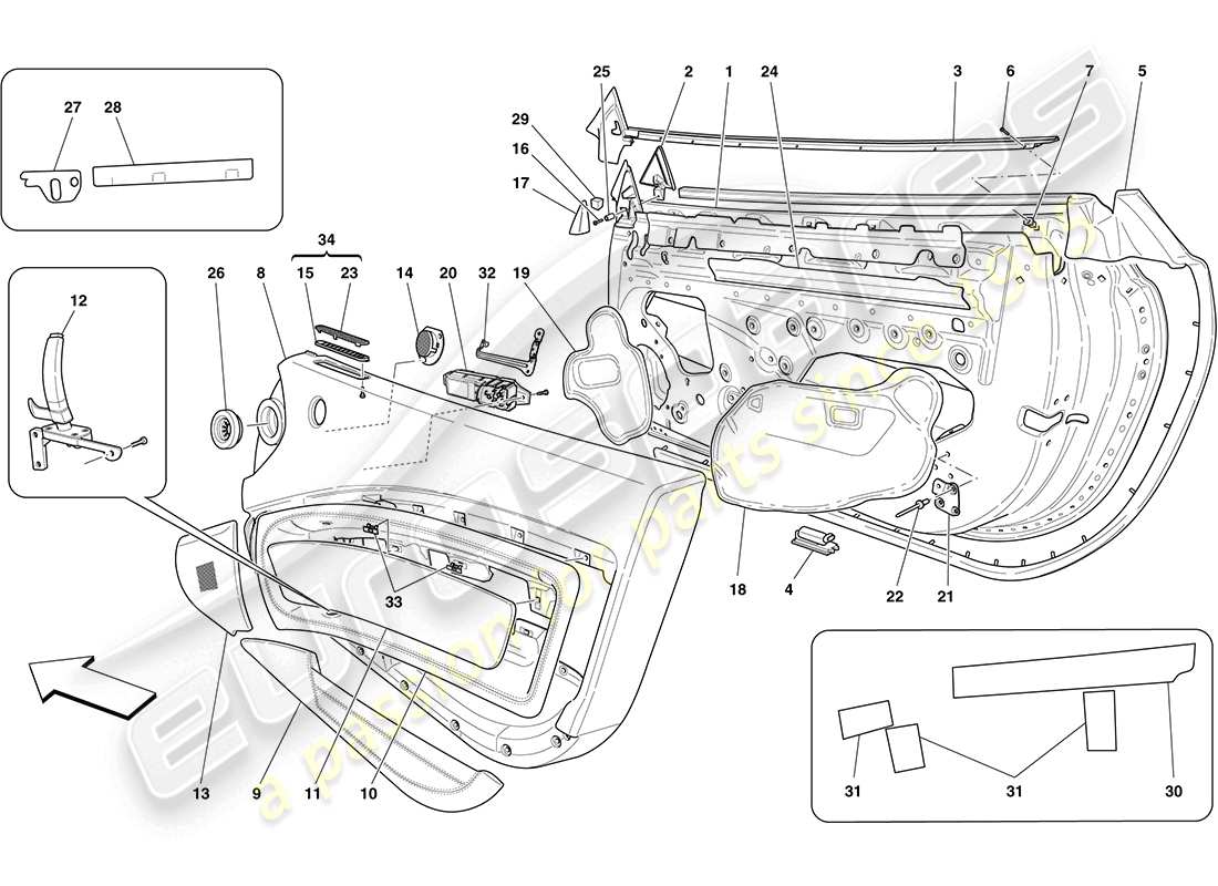 ferrari california (rhd) front doors: trim parts diagram