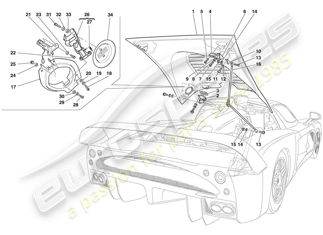 maserati mc12 engine bonnet and gas door parts diagram