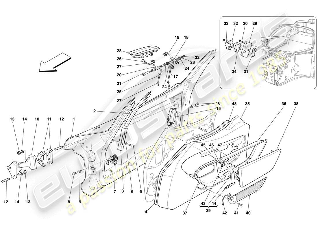 maserati mc12 doors - opening control, framework and coverings parts diagram