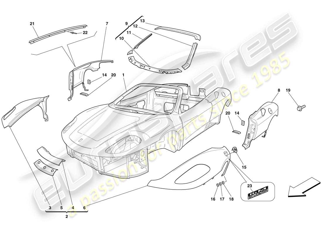 ferrari f430 scuderia (usa) bodyshell - exterior trim parts diagram