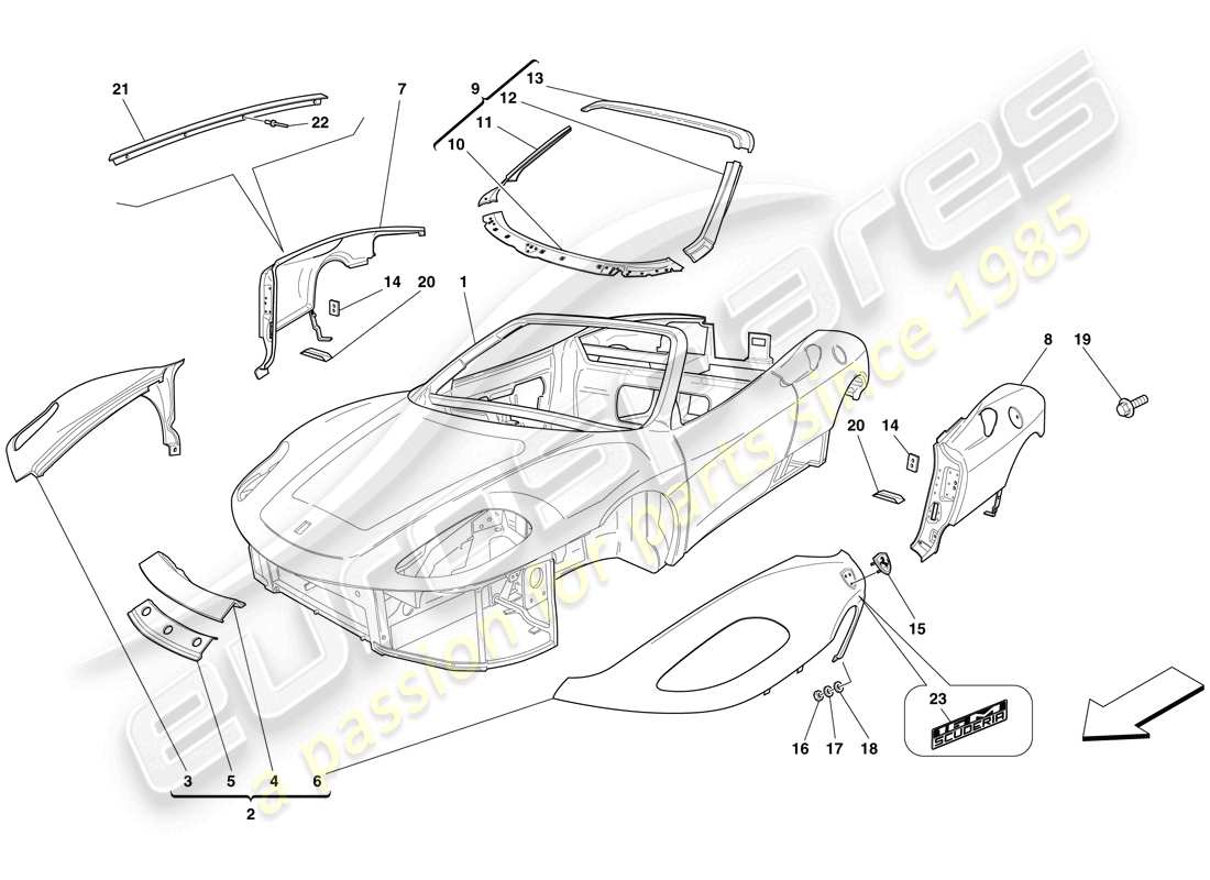 ferrari f430 scuderia (usa) bodyshell - exterior trim part diagram