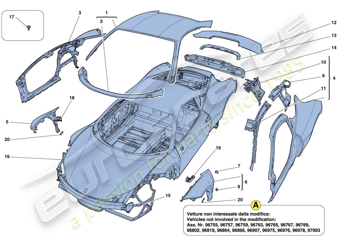 ferrari 458 italia (rhd) bodyshell - external trim parts diagram