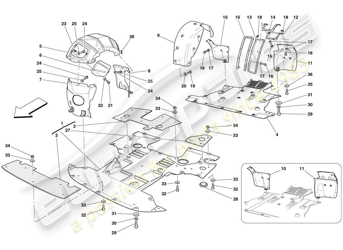 ferrari 612 scaglietti (usa) flat undertray and wheelhouses part diagram