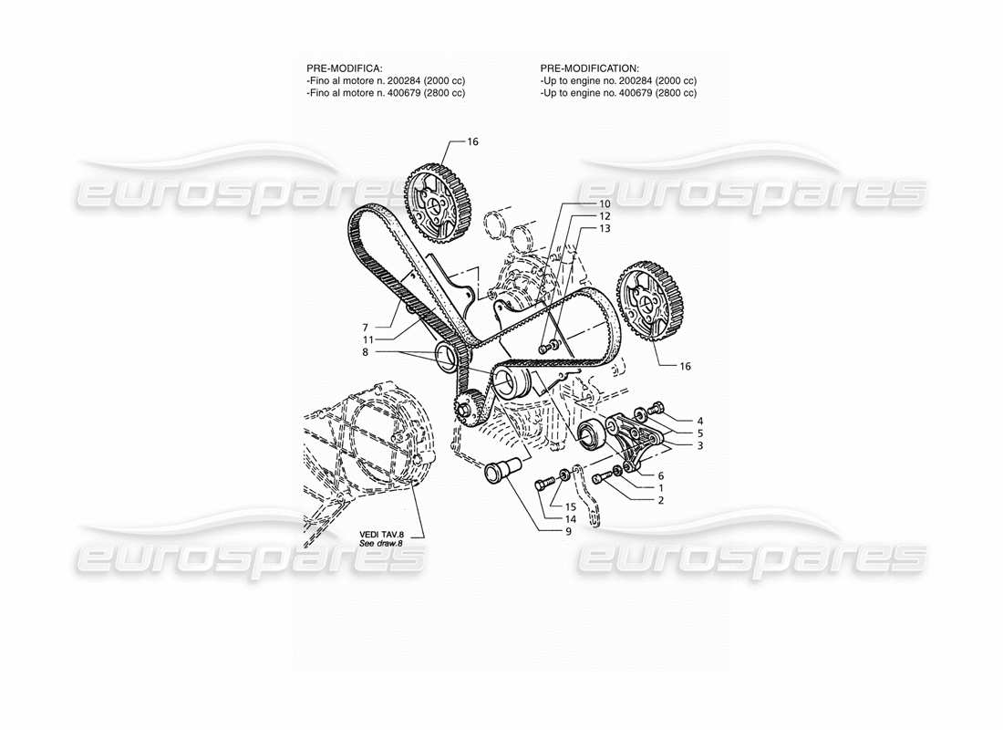 maserati qtp. 3.2 v8 (1999) timing control (pre modification) parts diagram