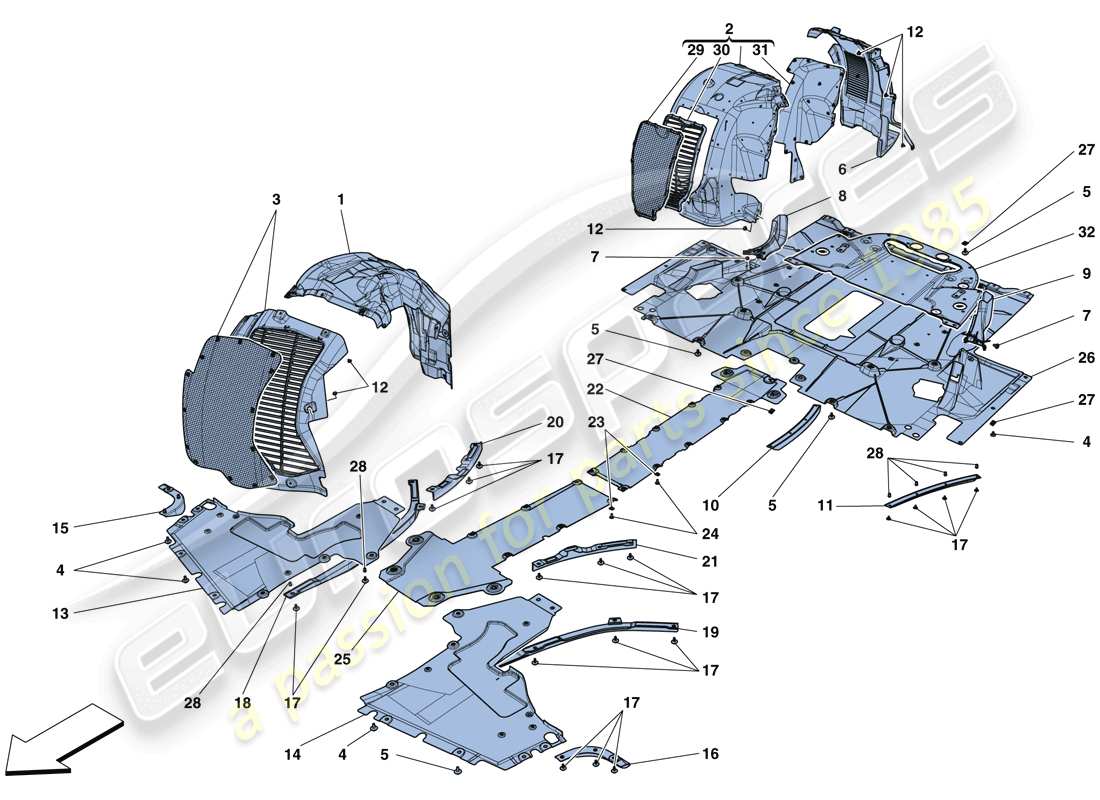 ferrari 488 spider (rhd) flat undertray and wheelhouses parts diagram