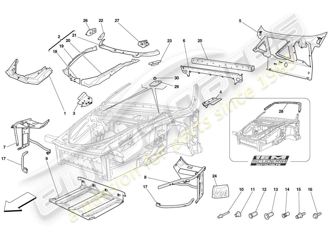 ferrari f430 scuderia (usa) chassis - complete front structure and panels part diagram