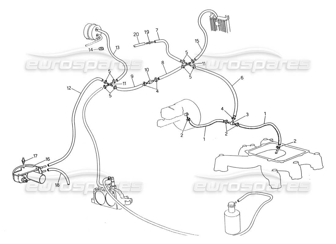 maserati 222 / 222e biturbo evaporation system (rh steering with lambda feeler) parts diagram