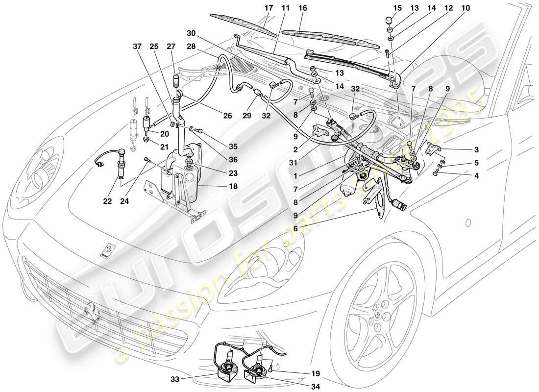 ferrari 612 scaglietti (usa) windscreen wiper, windscreen washer and horns part diagram