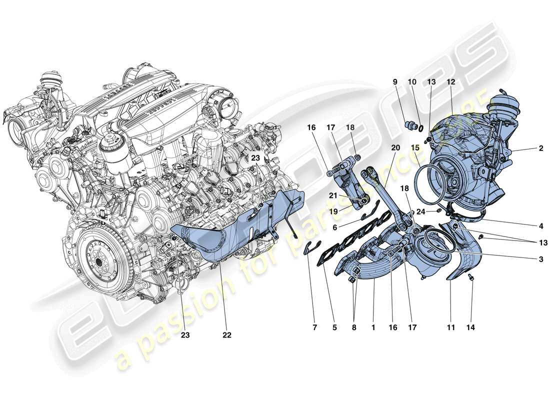 ferrari 488 gtb (rhd) manifolds, turbocharging system and pipes parts diagram
