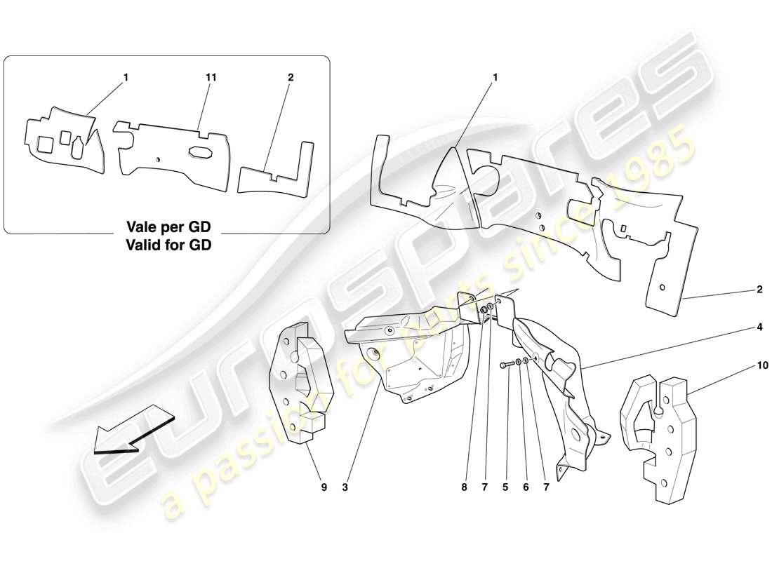 ferrari 599 gtb fiorano (rhd) engine compartment firewall insulation part diagram