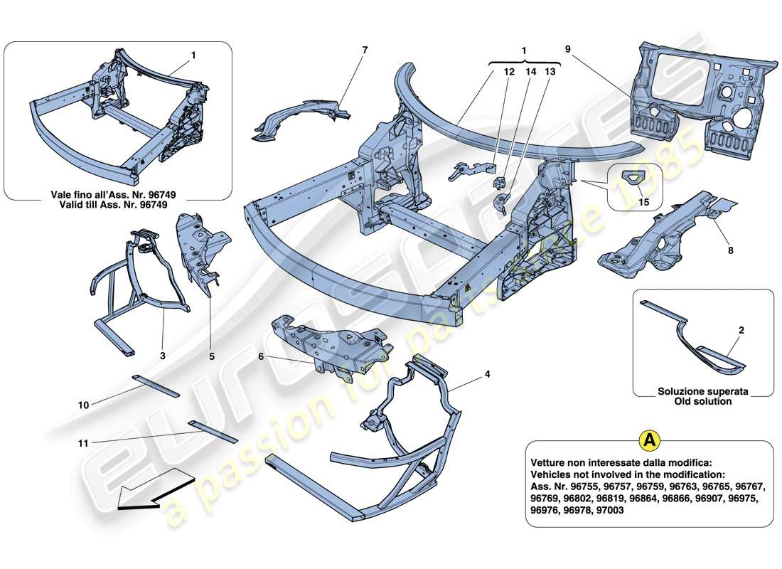 ferrari 458 italia (europe) chassis - complete front structure and panels parts diagram