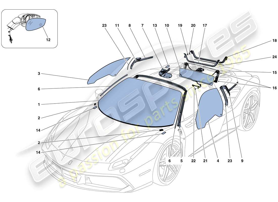ferrari 488 spider (rhd) screens, windows and seals parts diagram