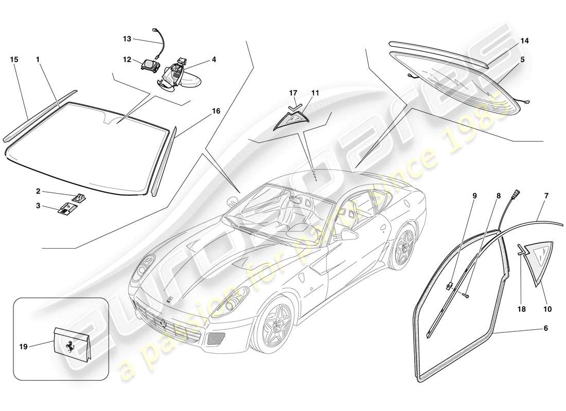 ferrari 599 gtb fiorano (rhd) screens, windows and seals parts diagram