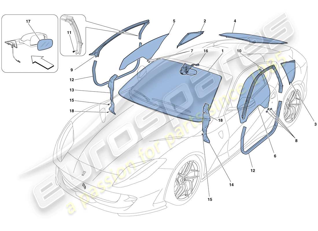 ferrari 812 superfast (rhd) screens, windows and seals part diagram