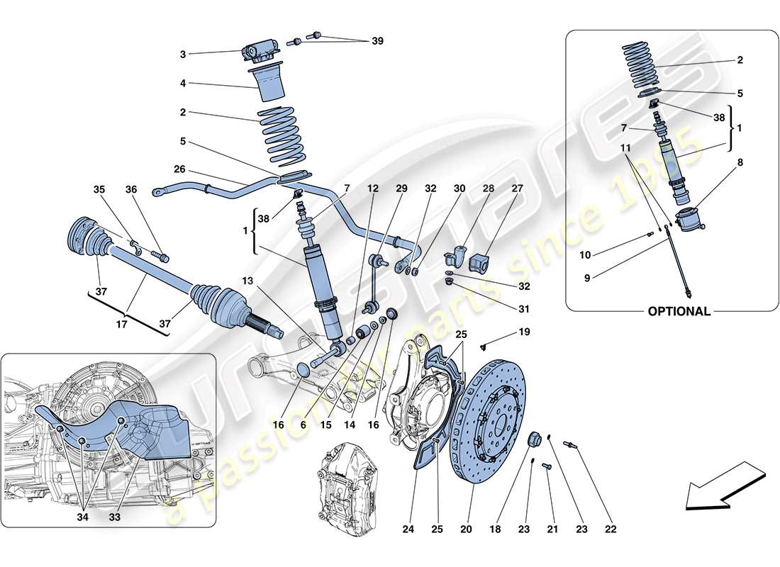 ferrari ff (rhd) rear suspension - shock absorber and brake disc parts diagram