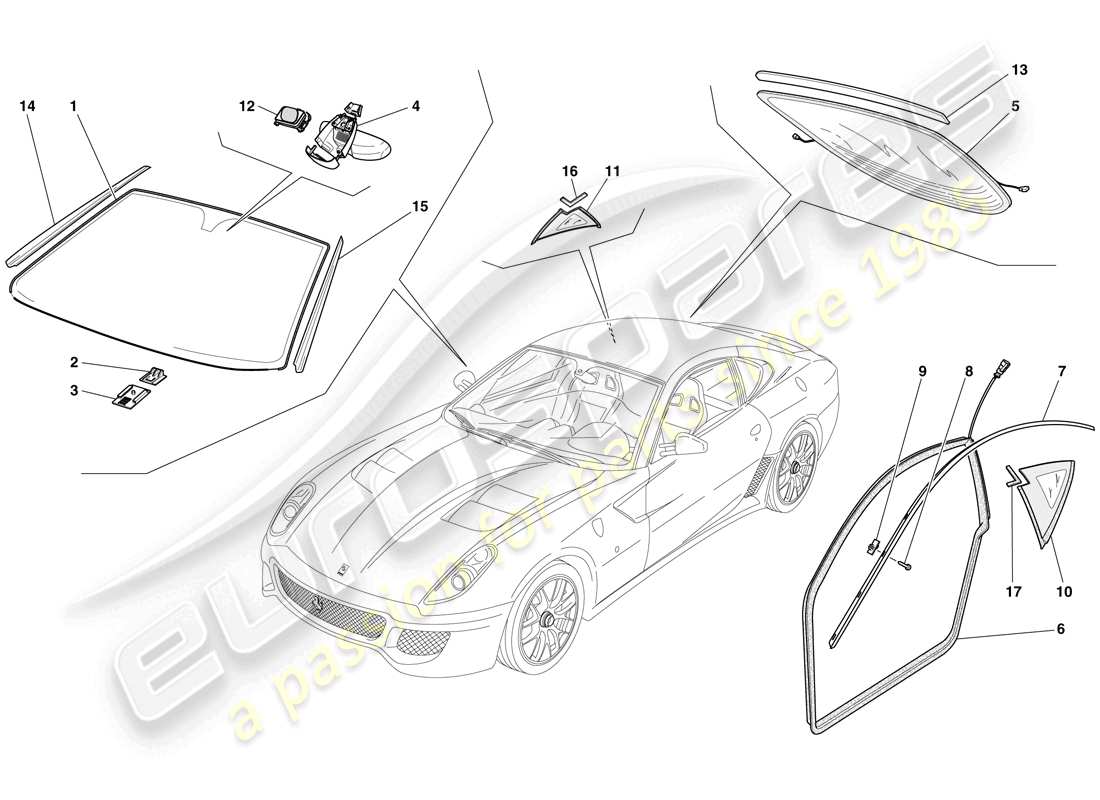 ferrari 599 gto (rhd) screens, windows and seals parts diagram