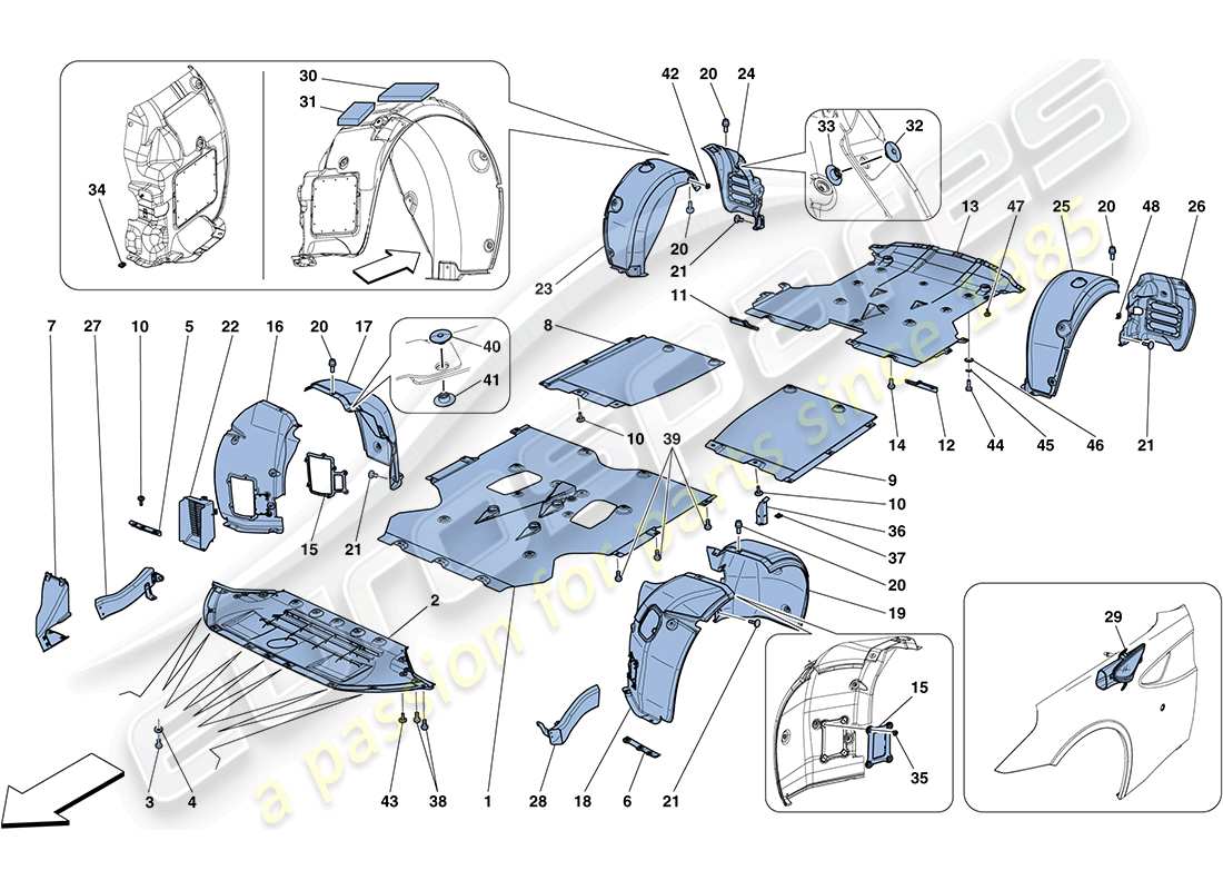 ferrari ff (rhd) flat undertray and wheelhouses parts diagram