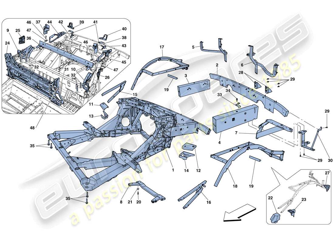 ferrari 458 speciale aperta (rhd) chassis - structure, rear elements and panels parts diagram