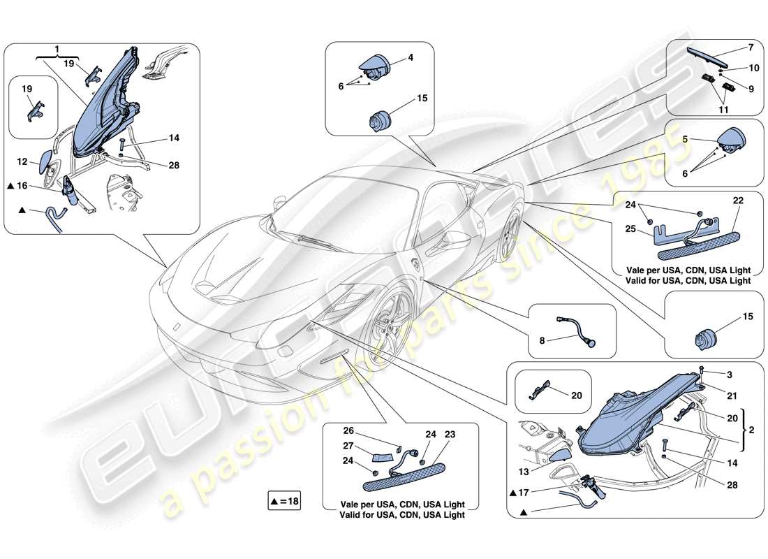 ferrari 458 speciale (usa) headlights and taillights part diagram