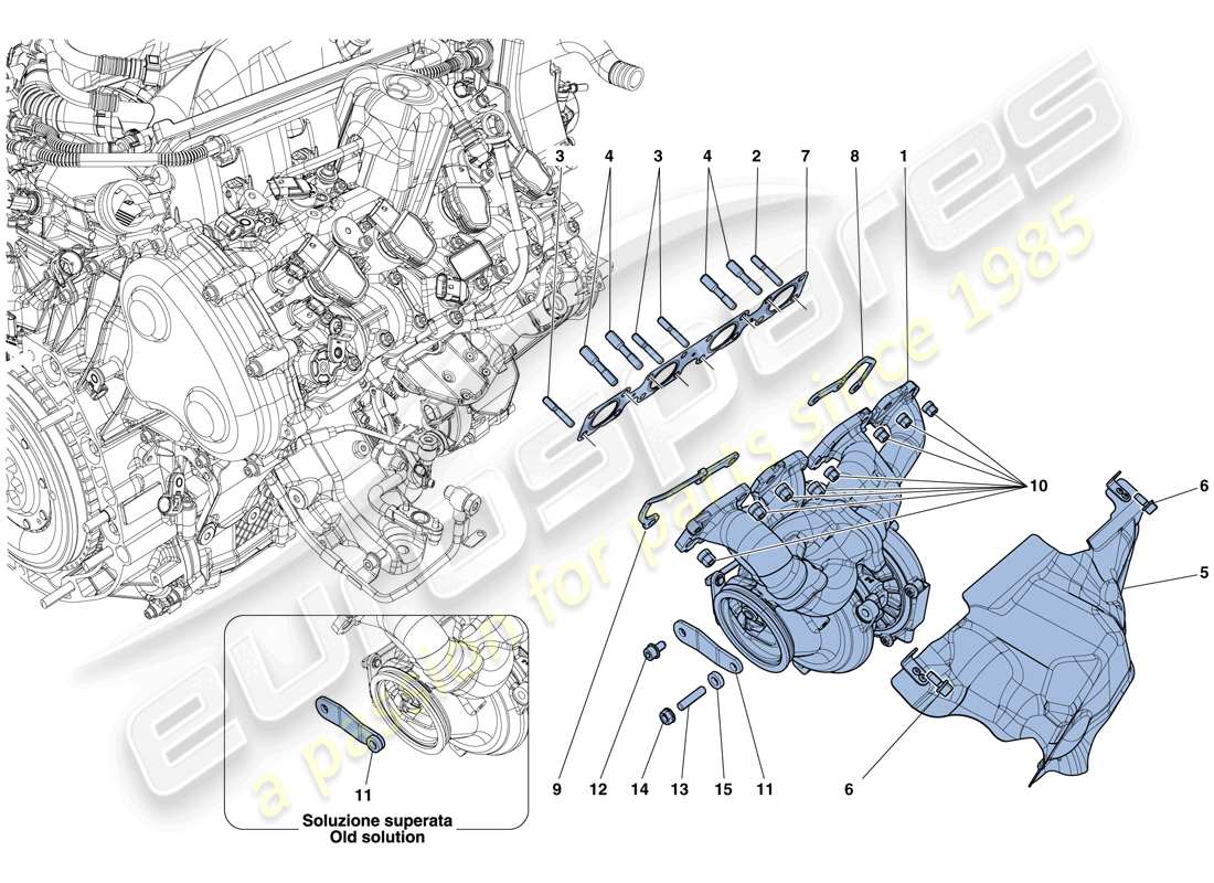 ferrari california t (rhd) manifolds, turbocharging system and pipes parts diagram