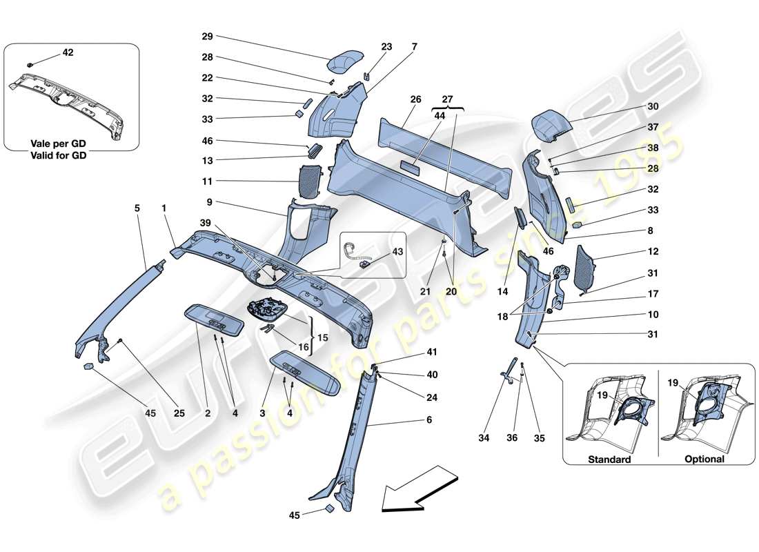 ferrari 458 spider (rhd) headliner trim and accessories parts diagram