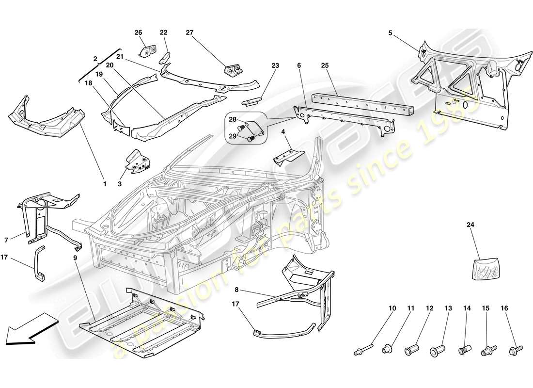 ferrari f430 coupe (usa) chassis - complete front structure and panels parts diagram