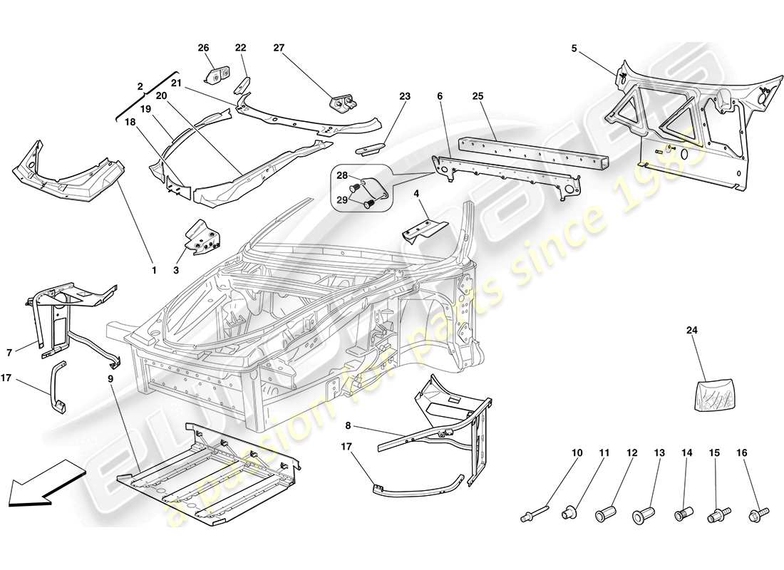 ferrari f430 coupe (usa) chassis - complete front structure and panels part diagram