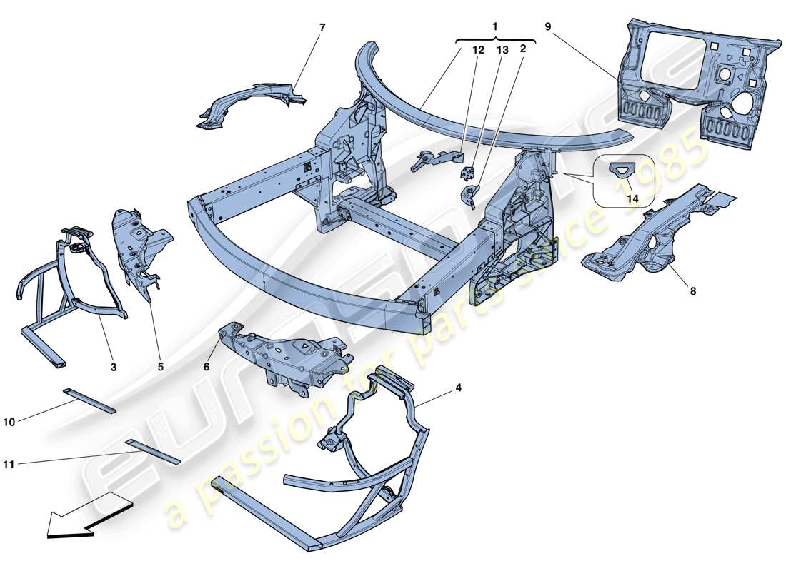 ferrari 458 spider (rhd) chassis - complete front structure and panels part diagram
