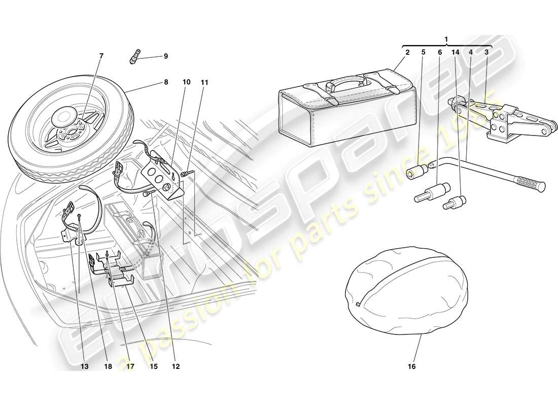 ferrari f430 coupe (usa) spare wheel and tools parts diagram