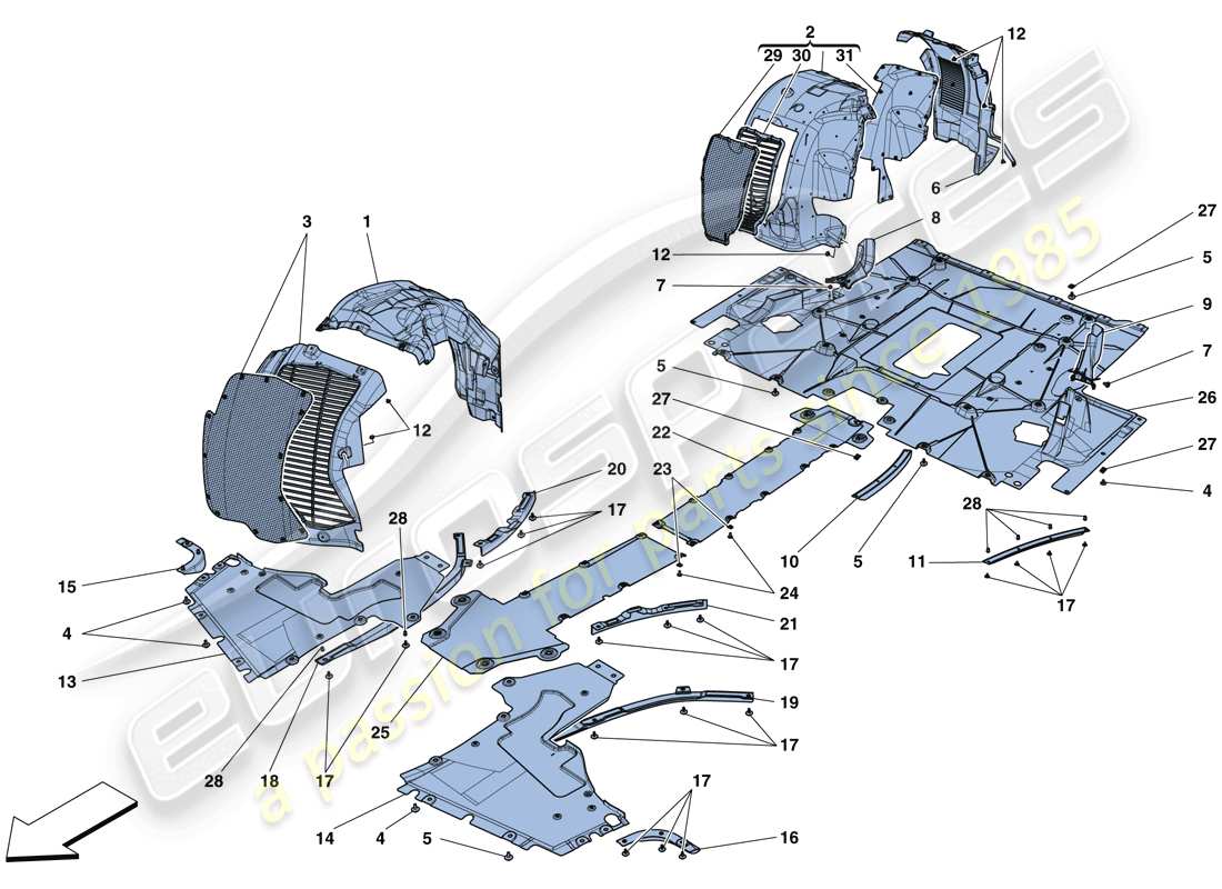 ferrari 488 gtb (europe) flat undertray and wheelhouses parts diagram