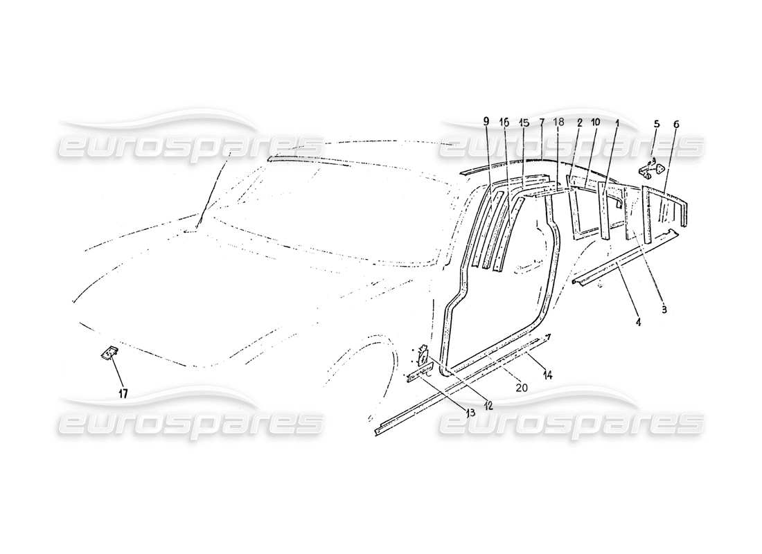 ferrari 365 gt 2+2 (coachwork) rear quarter glass trim & door seals parts diagram