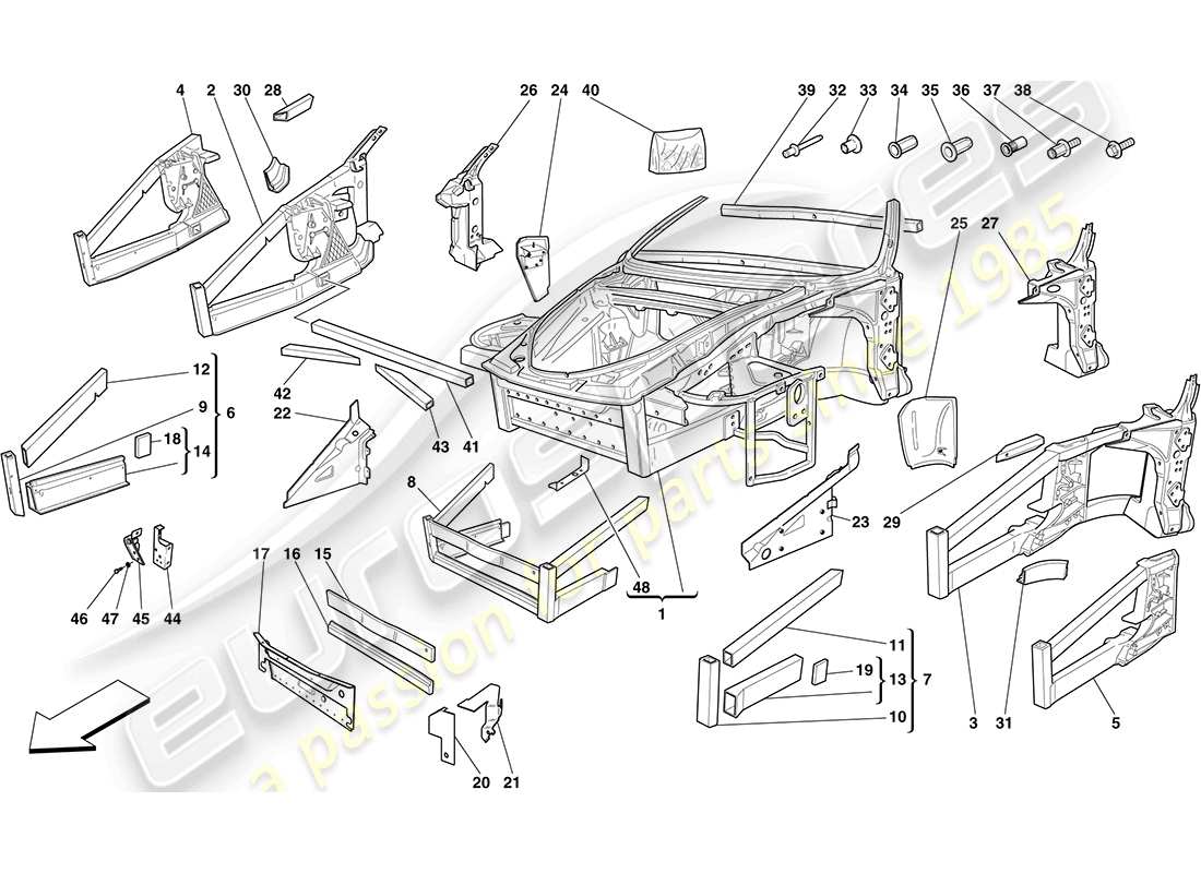 ferrari f430 coupe (europe) chassis - structure, front elements and panels part diagram