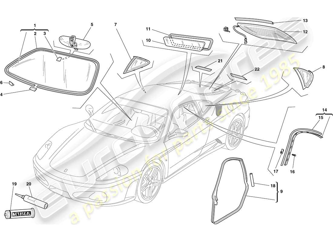 ferrari f430 coupe (rhd) screens, windows and seals parts diagram