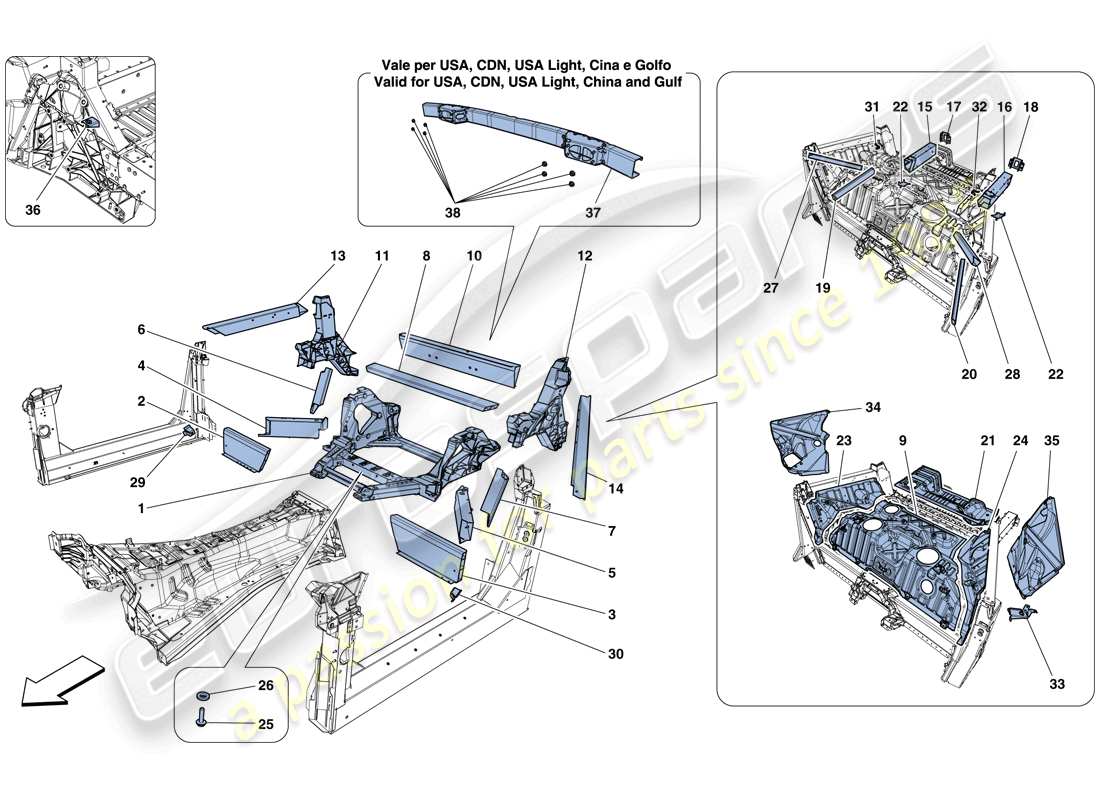 ferrari 812 superfast (rhd) structures and elements, rear of vehicle part diagram