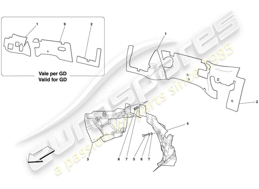 ferrari 599 gto (rhd) engine compartment firewall insulation parts diagram