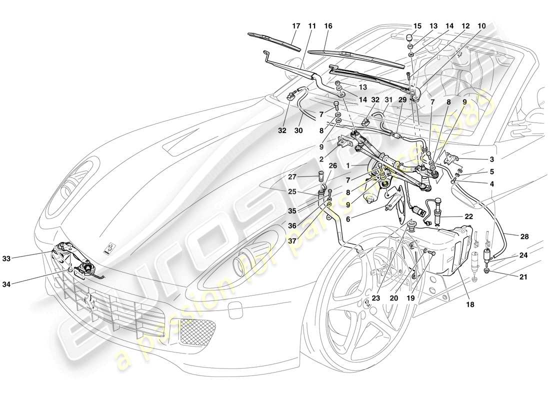 ferrari 599 sa aperta (usa) windscreen wiper, windscreen washer and horns parts diagram