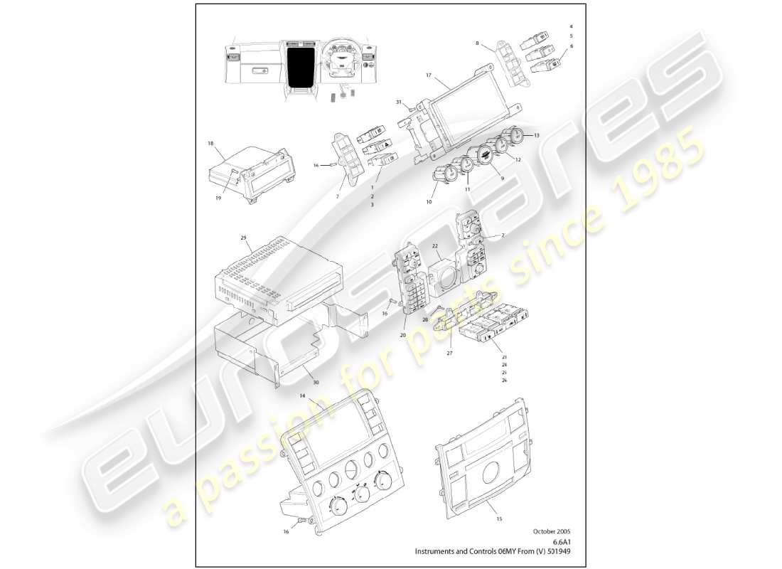 aston martin vanquish (2001) instruments & controls part diagram
