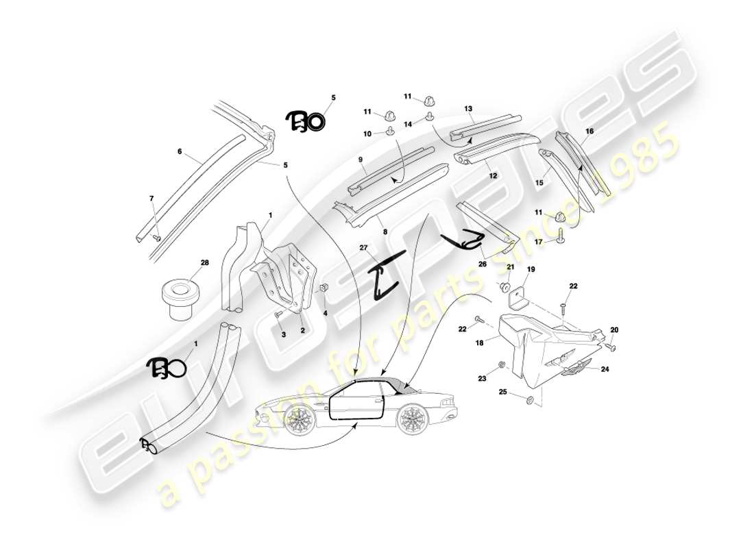 aston martin db7 vantage (2000) volante door & roof seals part diagram