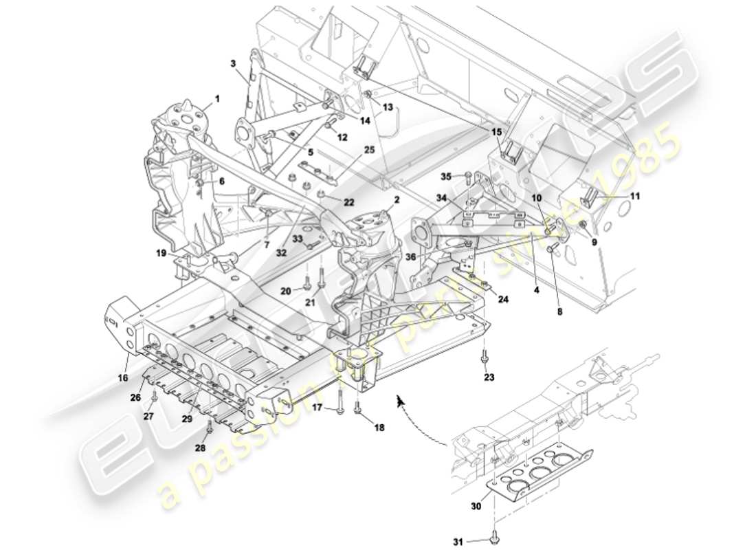 aston martin vanquish (2001) front body support structure part diagram