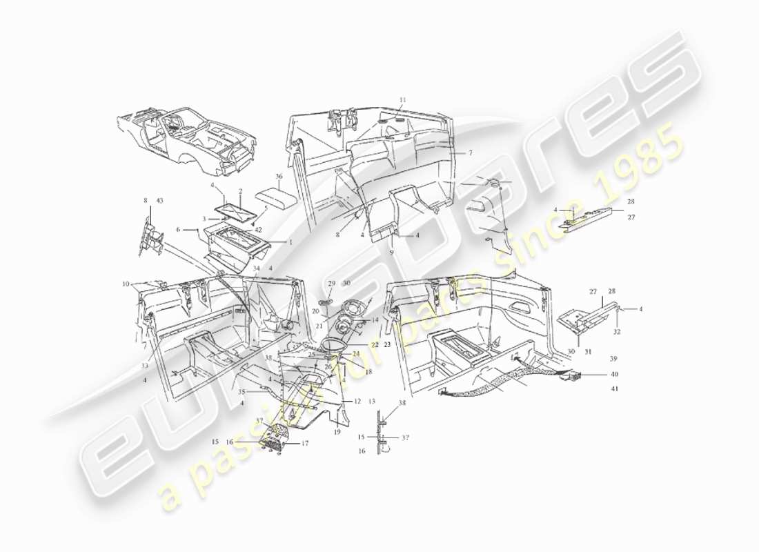 aston martin v8 virage (2000) rear trim, volante part diagram
