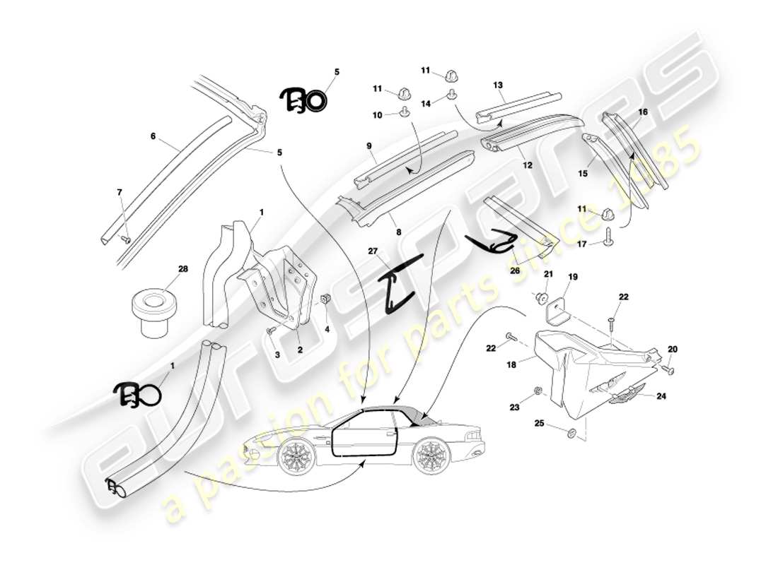 aston martin db7 vantage (2003) volante door & roof seals part diagram