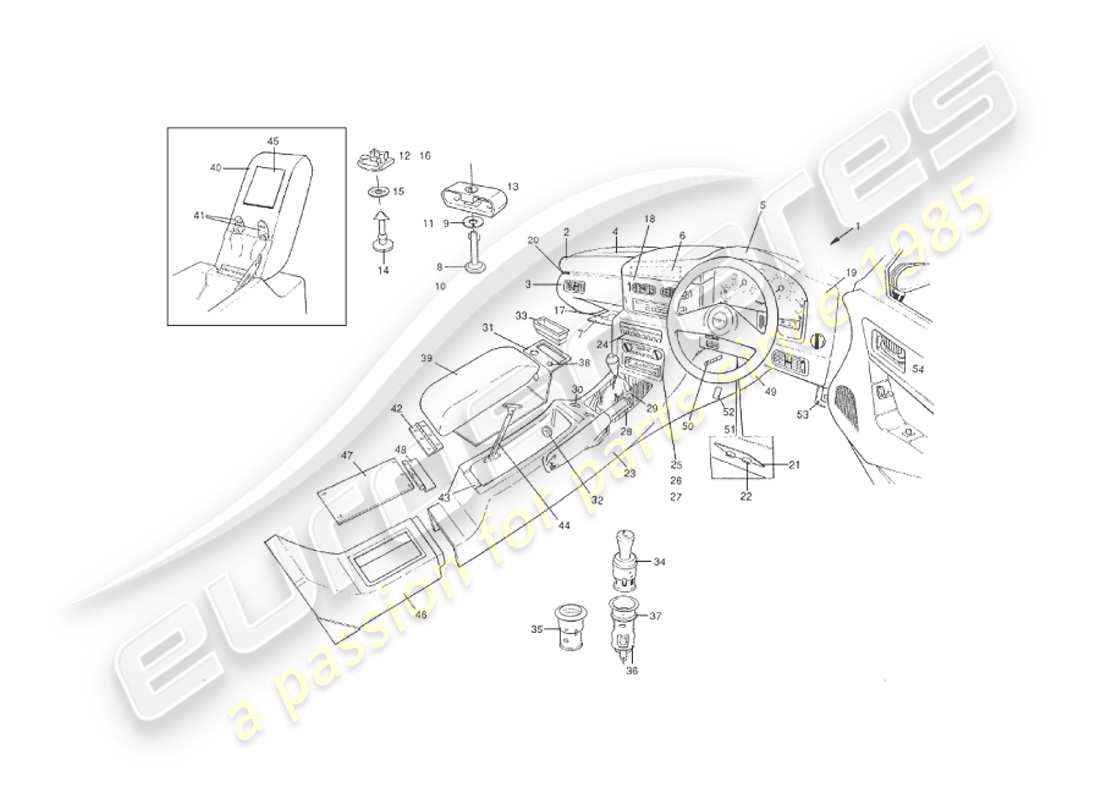 aston martin v8 virage (2000) interior fittings, saloon part diagram