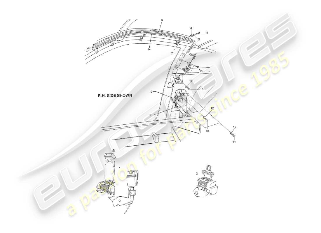 aston martin v8 virage (1999) interior fittings, usa seat belts part diagram