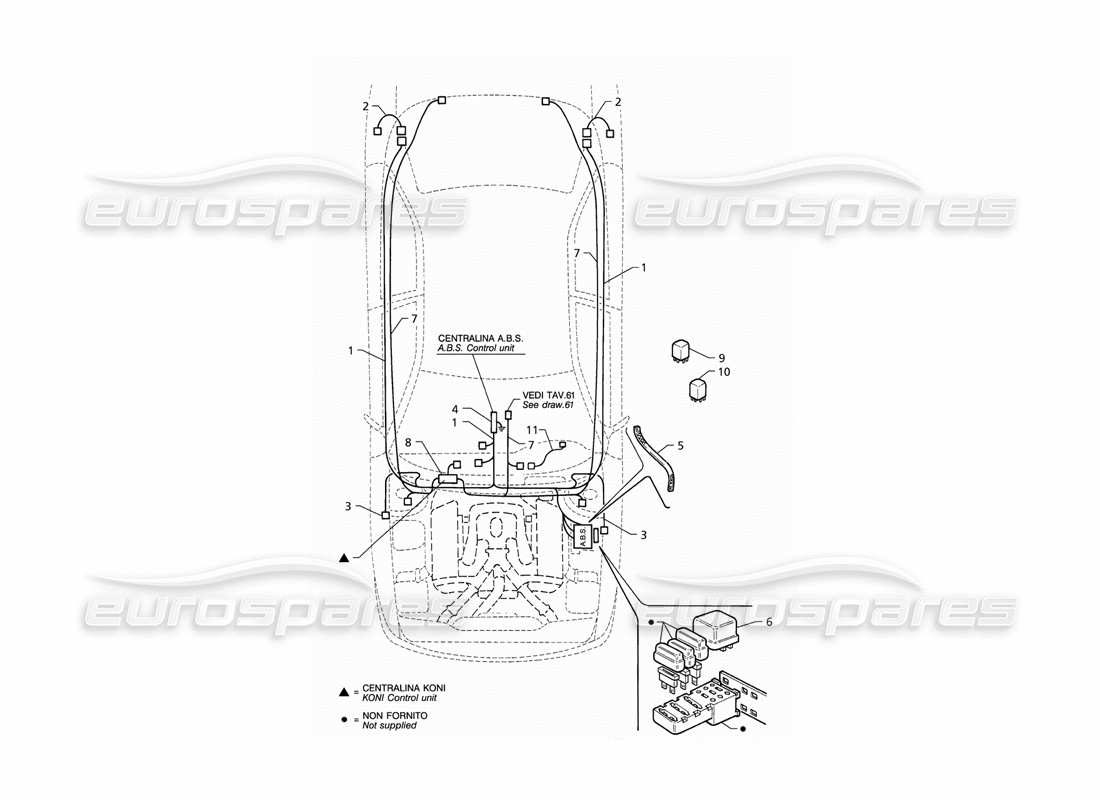 maserati qtp v6 (1996) electrical system: a.b.s. and 'koni' suspension (lhd) parts diagram